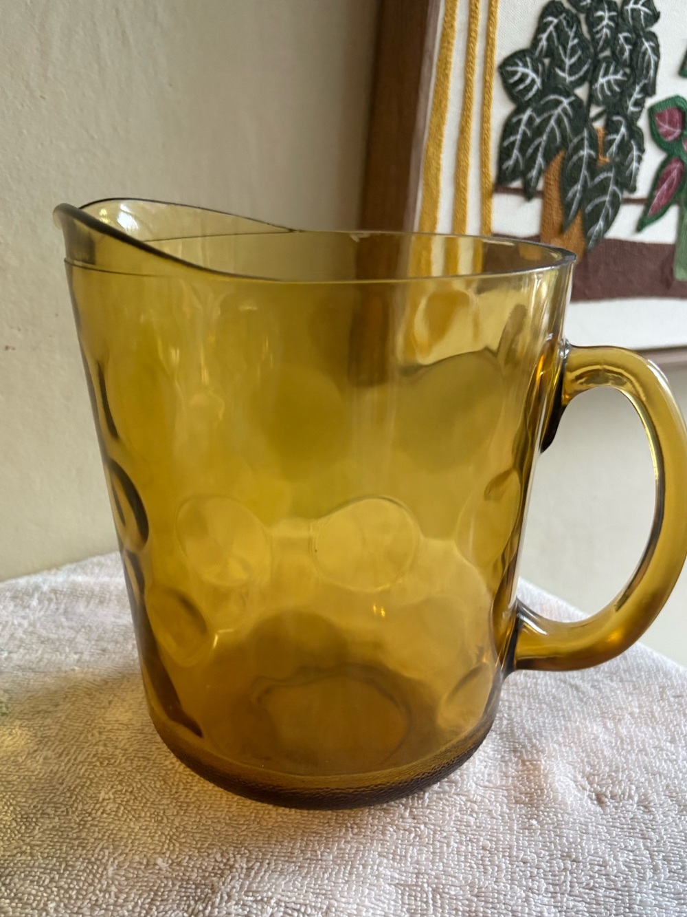 Vintage Mid-Century Modern Hazel-Atlas Dimpled Bubble Coin Amber Gold Pitcher